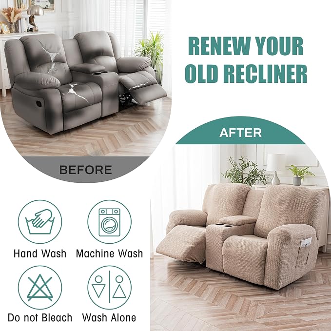 Genina Recliner Loveseat Covers with Console, Stretch Reclining Sofa Covers, 2 Seater Couch Cushion Stripe Jacquard Recliner Slipcovers - Furniture Protector Covers for Pet Kid (Taupe)