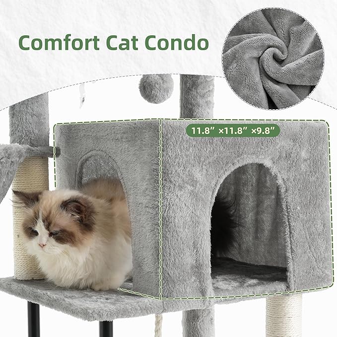 Gitelsnour Cat Tree, Cat Tower for Indoor Cats, 43.3 inch Cat Tree Tower with Sturdy Steel Tube, Cat Hammock, Cat Condo for Small Cats and Kittens, Cat Scratching Post, Light Gray GCT004SW