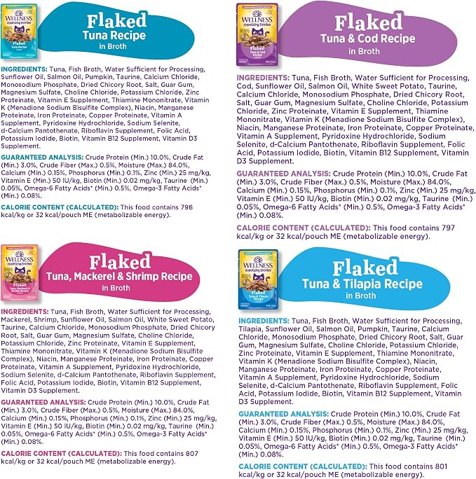 Wellness Appetizing Entrées Flaked, Shredded and Mousse Variety Pack Adult Wet Cat Food, Natural, Protein-Rich, Grain Free, Seafood & Poultry Recipes, 2.8 oz, Pack of 8 Pouches