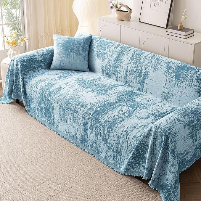hyha Couch Cover for Dogs, Boho Sofa Covers for 3 Cushion Couch Washable, Chenille Sofa Slipcover for Pets, Soft Loveseat Sectional Couch Throw Blankets with Tassels (Blue/White, 71x118 Inch)