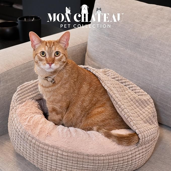 Mon Chateau Snuggle Haven Hooded Pet Bed, Covered Cat or Dog Bed, Waterproof and Machine Washable with Anti-Skid Bottom, Designed for Comfort and Safety, Oatmeal Glow