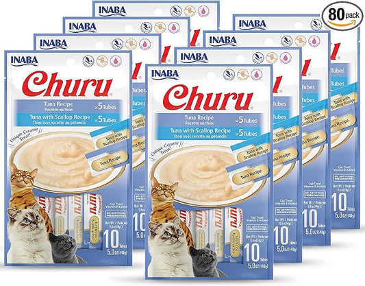 INABA Churu Cat Treats, Grain-Free, Lickable, Squeezable Creamy Purée Cat Treat/Topper with Vitamin E, Taurine, & Green Tea, 80 Tubes, Tuna and Scallop Variety Box
