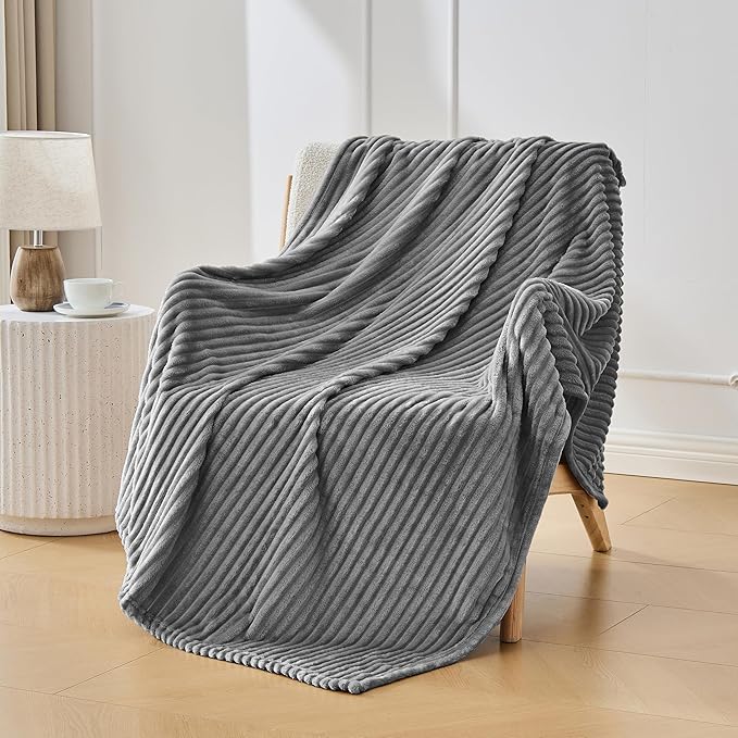 Bnuitland Fleece Throw Blanket for Couch, 300GSM Soft Warm Cozy Fluffy Throw for Adults & Kids, Stripe Pattern, All Season Sofa Bed Blanket for Home Decor, Grey 50"x60"