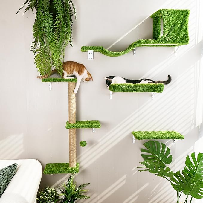 FUKUMARU Cat Wall Shelves, Stable & Safe 5 in 1 Cat Walls Furniture Set, Wooden Kitten Climbing Wall with Scratching Post for 16 Inch Drywall - Green