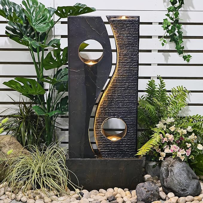 Tankana 47 inches Water Fountain Outdoor Garden - Waterfall Indoor Modern Large Freestanding Water Feature Fountains Faux Rust Finish with LED Lights for Patio Yard Pool Home Decor