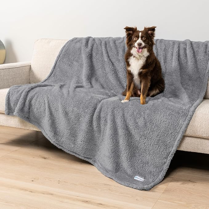 PetAmi Fluffy Waterproof Dog Blanket for Couch and Bed, Reversible Sherpa Pet Throw, Pee Proof Furniture Protector Sofa Cover, Washable Cat Blanket for Medium Large Dogs and Cats (Light Grey, 60x80)