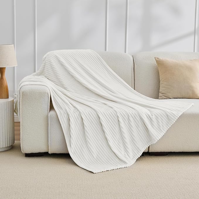 Bnuitland Fleece Throw Blanket for Couch, 300GSM Soft Warm Cozy Fluffy White Throw for Adults & Kids, Stripe Pattern 50"x60", All Season Sofa Bed Blanket for Home Decor