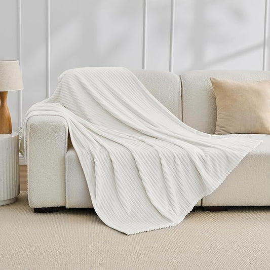 Bnuitland Fleece Throw Blanket for Couch, 300GSM Soft Warm Cozy Fluffy White Throw for Adults & Kids, Stripe Pattern 50"x60", All Season Sofa Bed Blanket for Home Decor