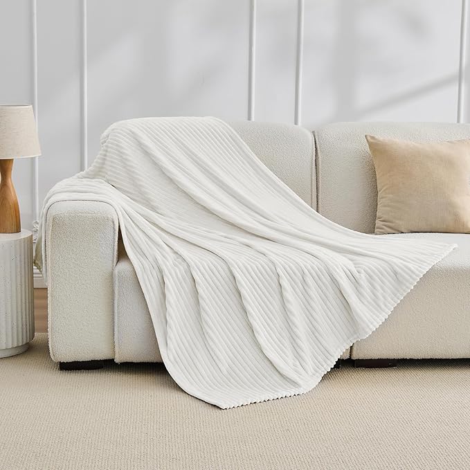 Bnuitland Fleece Throw Blanket for Couch, 300GSM Soft Warm Cozy Fluffy Throw for Adults & Kids, Stripe Pattern, All Season Sofa Bed Blanket for Home Decor, White 60"x80"