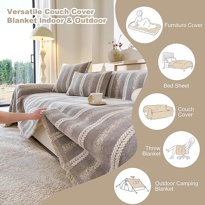 Couch Cover for Dogs Washable Sofa Cover, Sectional Couch Covers, Sofa Covers for 2 Cushion Couch, Non Slip Stripe Sofa Slipcovers Furniture Protector (Light Grey, 71 * 134)