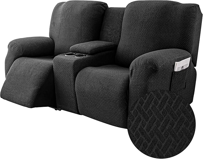 Genina Recliner Loveseat Covers with Console, Stretch Reclining Sofa Covers, 2 Seater Couch Cushion Stripe Jacquard Recliner Slipcovers - Furniture Protector Covers for Pet(Black)