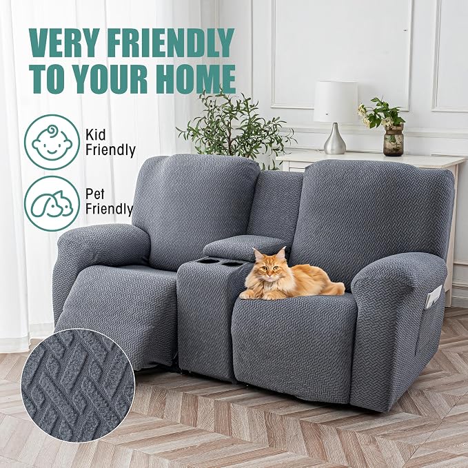 Genina Recliner Loveseat Covers with Console, Stretch Reclining Sofa Covers, 2 Seater Couch Cushion Stripe Jacquard Recliner Slipcovers - Furniture Protector Covers for Pet Kid (Dark Gray)