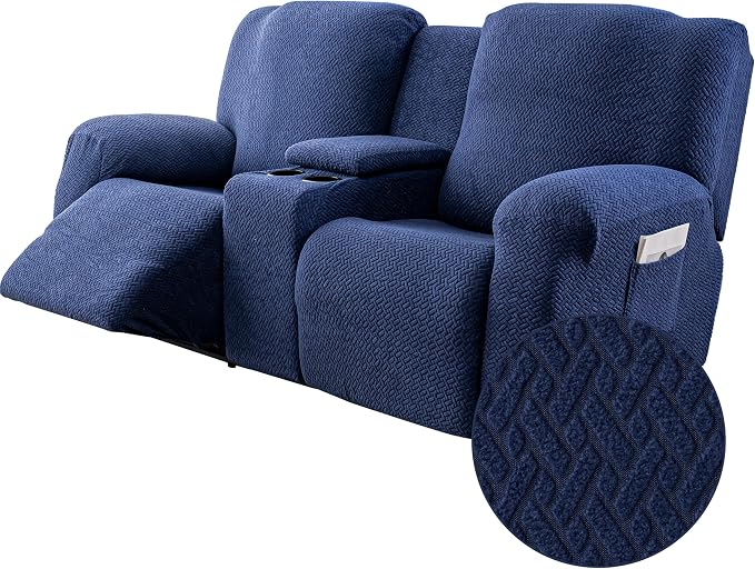 Genina Recliner Loveseat Covers with Console, Stretch Reclining Sofa Covers, 2 Seater Couch Cushion Stripe Jacquard Recliner Slipcovers - Furniture Protector Covers for Pet Kid (Navy Blue)
