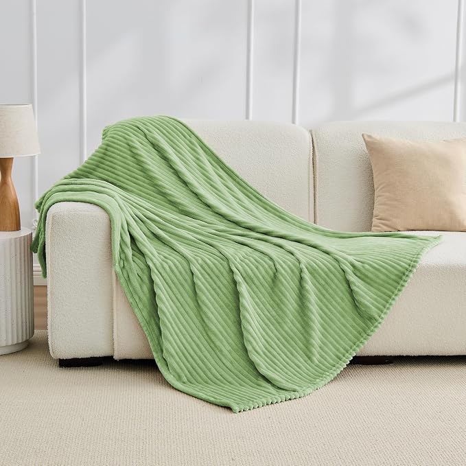 Bnuitland Fleece Throw Blanket, 300GSM Soft Warm Cozy Fluffy Throw for Babys & Pets, Stripe Pattern, All Season Sofa Bed Blanket for Home Decor, Light Green 50"x60"