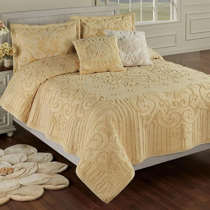 Lorenza Pure Cotton Chenille Bedding | Buttercup Yellow | Soft Tufted Scrollwork, Floral and Stripe Designs | Solid Color 3-Piece Quilted Bed Set includes Oversized King Quilt and 2 King Pillow Shams