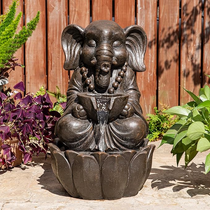 Glitzhome Outdoor Fountains, Water Fountains Outdoor with Lights&Pump, 21.75" H 2-Tiered Zen-Style Bronze Polyresin Elephant Garden Fountain Floor Standing Waterfall for Patio, Porch, or Yard Decor