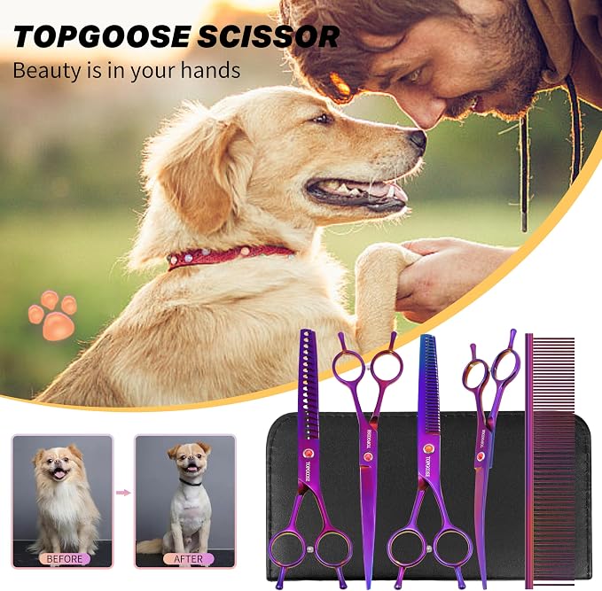 Dog Grooming Scissors Kit, Professional 6 in 1 Pet Scissors Sharp Shears Set - Straight, Thinning, Chunker, Curved Shears and Comb for Long Short Hair for Dog Cat (Set, Purple)