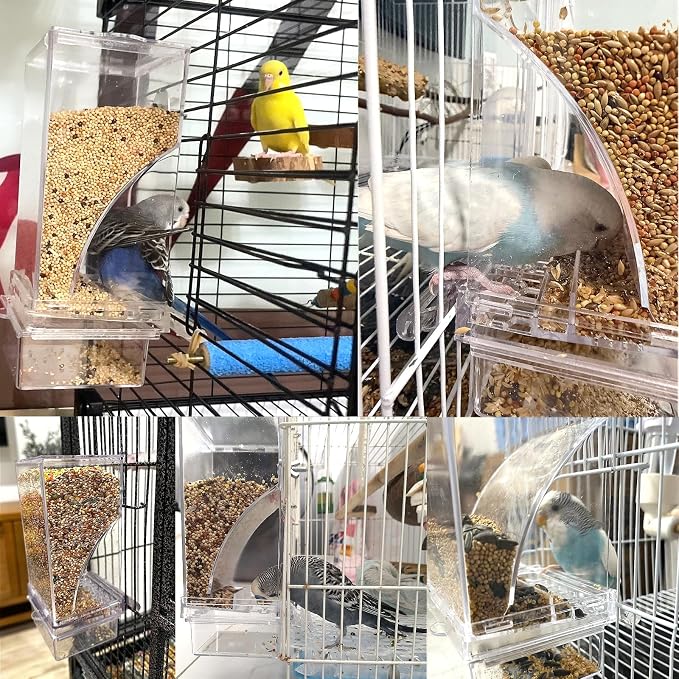 Automatic Bird Cage Feeder No Mess Parakeet Feeder Seed Food Container Feeding Station Cage Accessories for Small Birds Parrot Canary Lovebirds(Transparent)