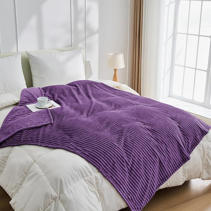 Bnuitland Fleece Throw Blanket, 300GSM Soft Warm Cozy Fluffy Throw for Babys & Pets, Stripe Pattern, All Season Sofa Bed Blanket for Home Decor, Dark Purple 50"x70"