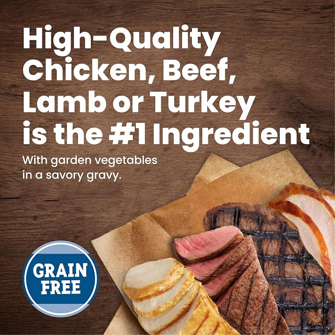 Blue Buffalo Delectables Variety Pack Natural Wet Dog Food Topper (Chicken, Beef, Turkey & Lamb) in Gravy with Natural Ingredients, Vitamins & Minerals, 3-oz. Each (24 Pouches)