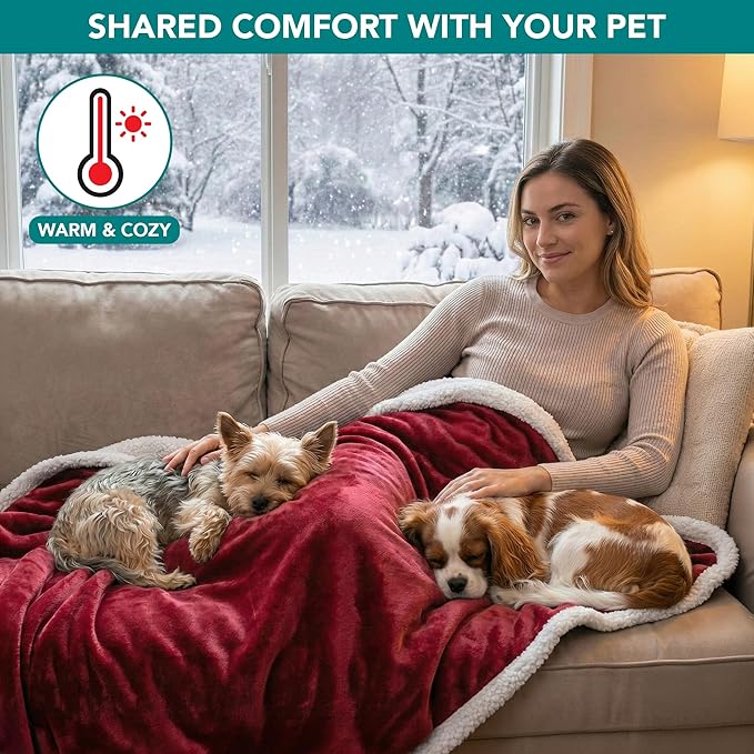 PetAmi Waterproof Dog Blanket for Couch, Large 60x40, Pee Proof Sherpa Fleece Reversible Pet Throw, Furniture Protector for Bed Sofa Kennel, Soft Washable Cover for Medium Dogs Cats, Wine Red