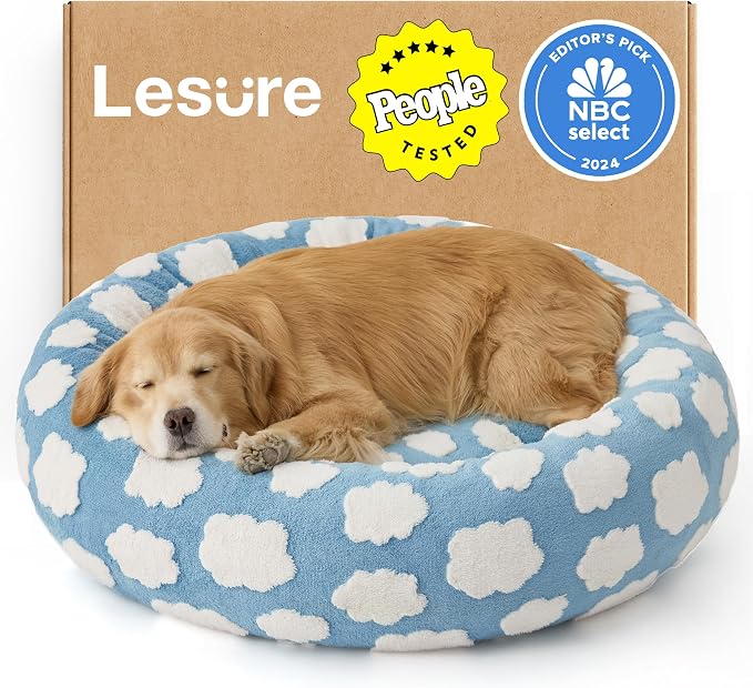 LE SURE Shown on TV Donut Dog Beds Extra Large Sized Dog - Round Pet Beds for Calming Puppy with Washable Cover, Orthopedic Modern Beds with Jacquard Shaggy Plush & Anti Slip Bottom, 42 Inch，Blue