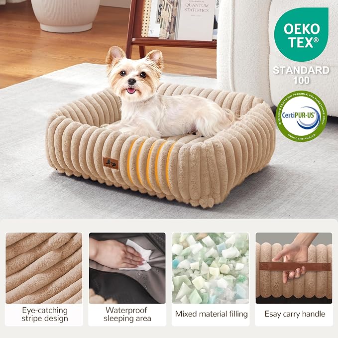 Cute Dog Bed for Small Dogs & Cats,Washable Fluffy Cat Beds for Indoor Cats, Rectangle Orthopedic Memory Foam Puppy Beds with Anti-Slip Bottom, 20 x19 x 7 Inches, Camel