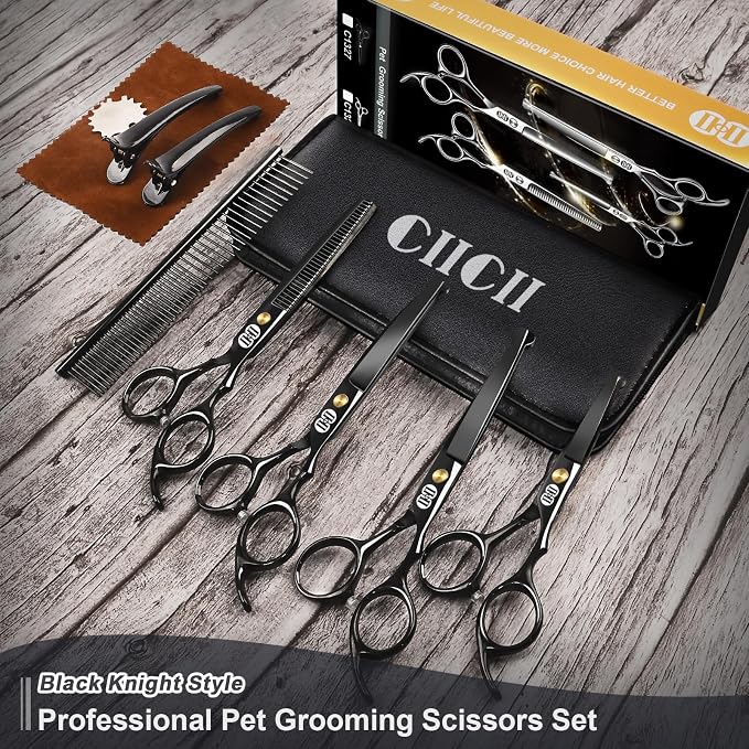 CIICII Dog Grooming Scissors Kit, 7 Inch Professional Pet Grooming Scissors Set with Safety Round Tip (Dogs/Cat Hair Cutting Trimming Thinning Shears with Curved Scissors) for DIY Home Salon (Black)