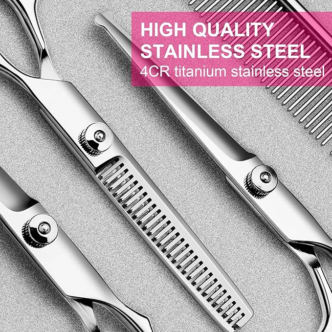 TINMARDA Dog Grooming Kit, Professional Stainless Steel Dog Grooming Scissors with Curved Shears, Pink Finger Rings - 5 Piece Sharp Durable Pet Shears for Dogs Cats At Home Salon-Quality Grooming