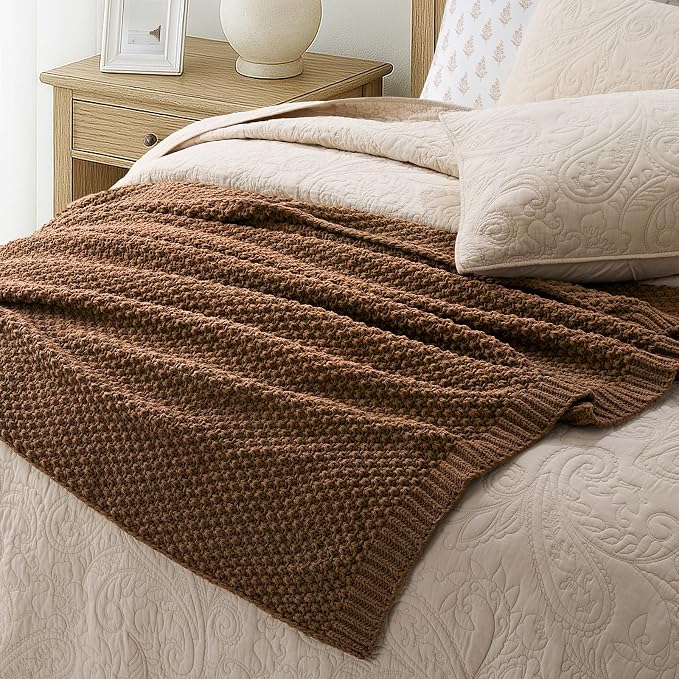 EVERGRACEHOME Chunky Chenille Knit Throw Blanket for Couch, Soft Luxurious Moss Stitch Blankets for Bed, Cozy Decorative Farmhouse Knitted Throws for Sofa, Burnt Orange, 50" x 60"