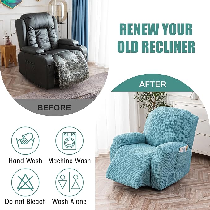 Genina Recliner Chair Cover, Stretch Reclining Chair Covers, Recliner Sofa Slipcovers Stripe Jacquard Lazy Couch Covers Furniture Protector Covers for Pet Kid (Light Blue, 1 Seat)