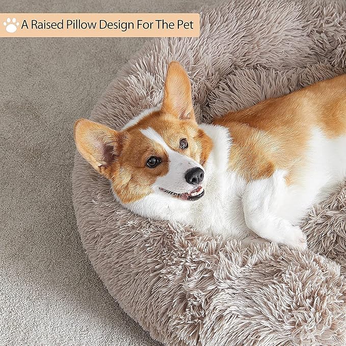 WNPETHOME Calming Dog Bed Cat Bed Donut, Faux Fur Pet Bed Self-Warming Donut Cuddler, Comfortable Round Plush Dog Beds (30 x 30 x 10 Inch, Brown)