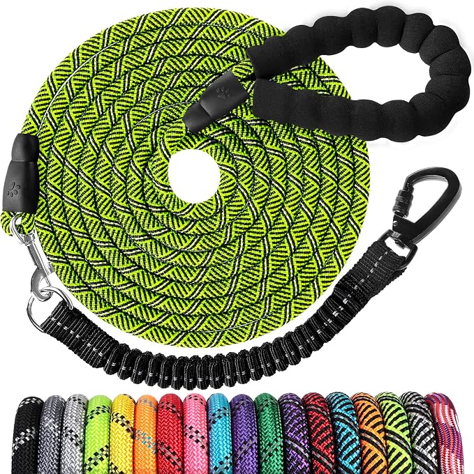 Long Dog Leash 20 FT: Heavy Duty Rope Leashes for Dogs Training with Swivel Lockable Hook Reflective Threads Bungee and Padded Handle - Dog Lead for Large Small Medium Dogs Outside Walking Hiking