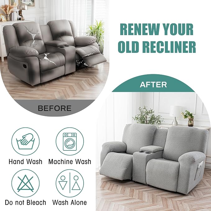 Genina Recliner Loveseat Covers with Console, Stretch Reclining Sofa Covers, 2 Seater Couch Cushion Stripe Jacquard Recliner Slipcovers - Furniture Protector Covers for Pet Kid (Light Gray)