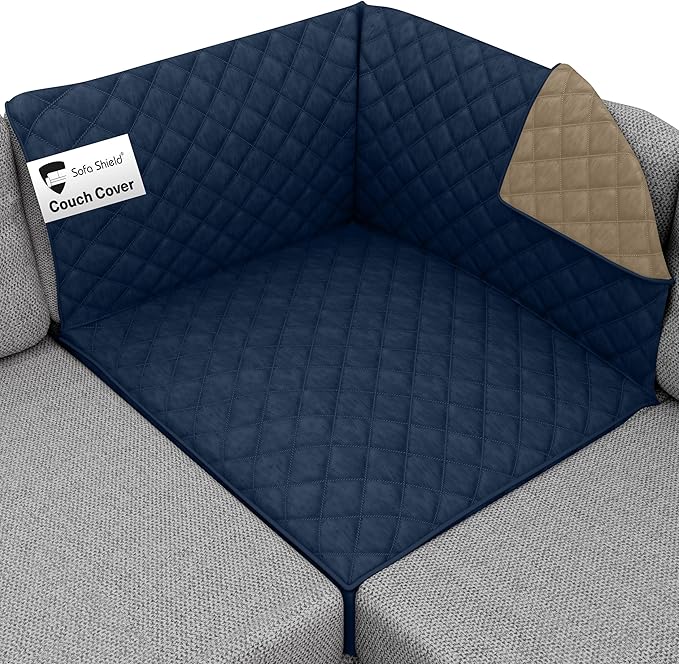 Sofa Shield® Couch Sectional Covers for Dogs, Reversible Furniture Protector with Strap, Stain and Tear Resistant Cushion Cover, 30x30 inch Seat, Machine Washable Slipcover Pets, Cats, Navy Sand