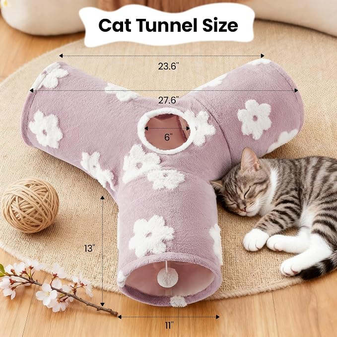 Tempcore Flannel Cat Tunnel for Indoor Cats, 3 Way Collapsible Pet Play Tunnel with Teaser Wand, Peek Holes & Hanging Ball, Interactive Tube for Kittens & Rabbits, Daisy Burlwood