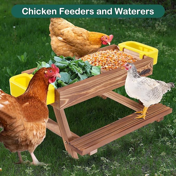 Boulphia Chicken Feeders and Waterers, Chicken Feeder No Waste Kit with Picnic Table and 2 Water Feeder, Handmade Wooden Chicken Supplies & Accessories for Chicken Coop