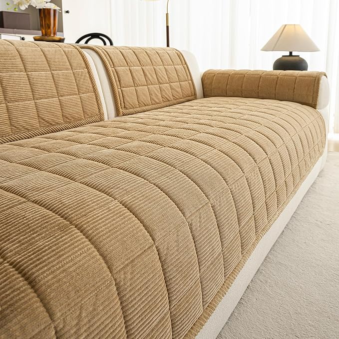 Velvet Couch Covers for Sectional Sofa Washable, Non-Slip L Shaped Sectional Couch Cover, Soft Pet Couch Covers for Sofa, Furniture Slipcovers for 2-3 Cushion Couch(1PC,35"x71",Light Brown)