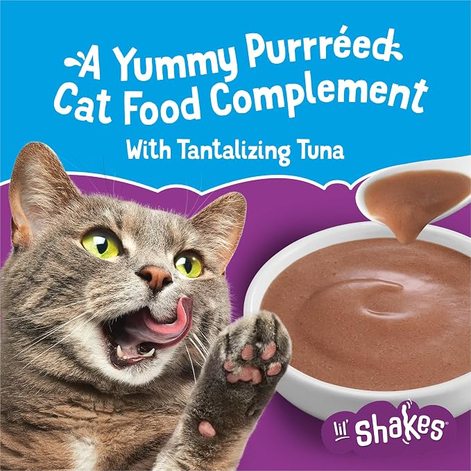 Friskies Purina Pureed Cat Food Topper,Lil’ Shakes with Tantalizing Tuna Lickable Cat Treats - 1.55 oz. Pouches,(Pack of 32)