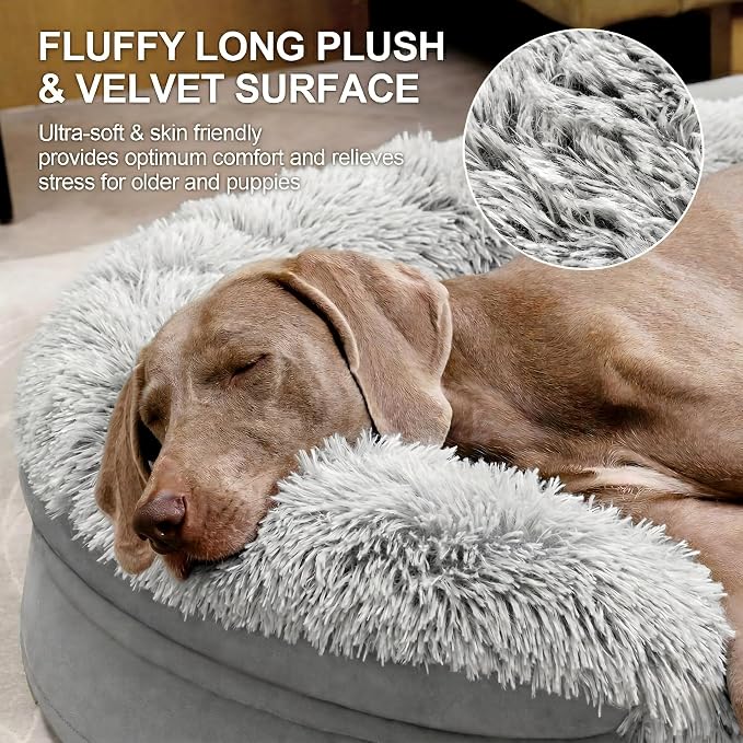 iweepet Fluffy Claiming Orthopedic Dog Beds for Large & Extra Large Dogs, Supportive Dog Sofa Bed with 3.7 inch 28D Egg-Crate Foam, Removable Washable Plush Cover, Waterproof Lining,44’’,Grey