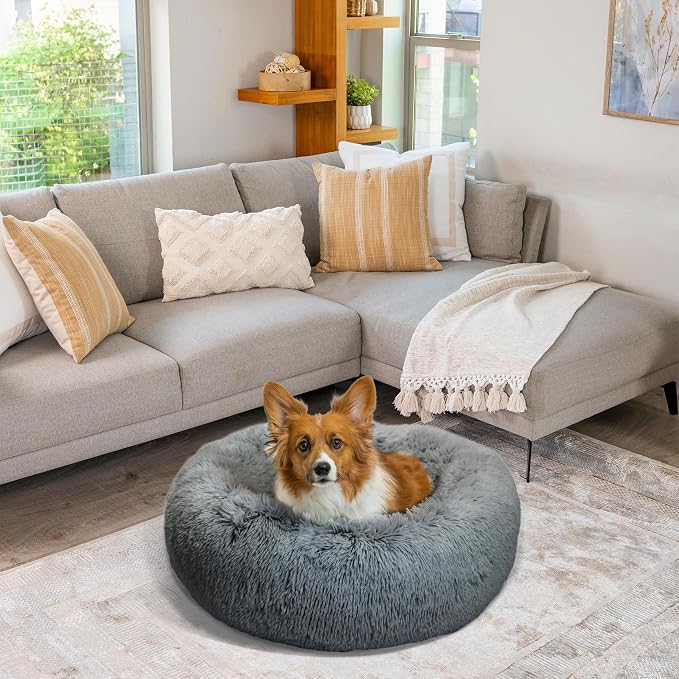 Best Friends by Sheri The Original Calming Donut Dog Bed for Small Dogs up to 25 lbs, Shag Faux Fur, Gray, 23" x 23"