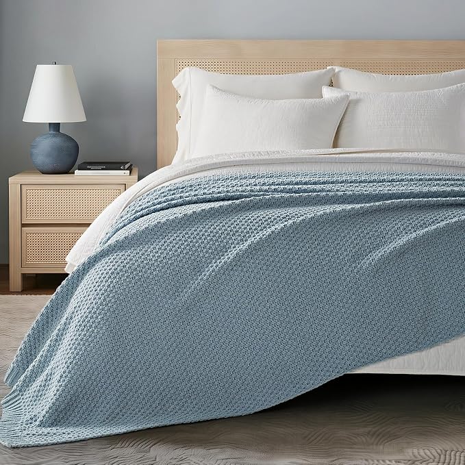 EVERGRACEHOME Chunky Chenille Knit Throw Blanket for Couch, Soft Luxurious Oversized Queen Moss Stitch Blanket for Bed, Cozy Farmhouse Knitted Throw for Sofa, Chambray Blue, 90" x 90"