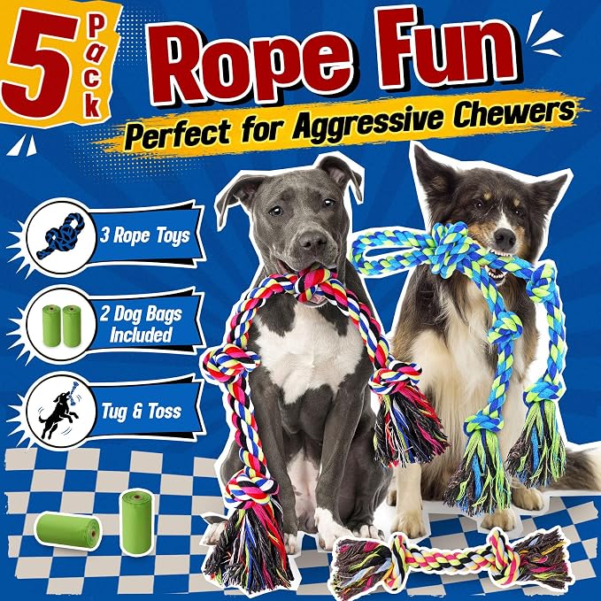 Forfon Tough & Strong Dog Toy for Aggressive Chewers – Tough Chew Toys for Large Dogs, Ideal for Tug-of-War & Teeth Cleaning, with 3 Rope Toys & 2 Dog Bags