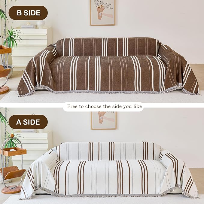 VANJOROY Couch Sofa Cover for 3 Cushion Sectional Sofa L-Shape -Washable Chenille 100% Organic Couch Cover for Dogs Pets, Boho Couch Cover Protector Soft Sofa Slipcovers with Tassel,91"x 134"