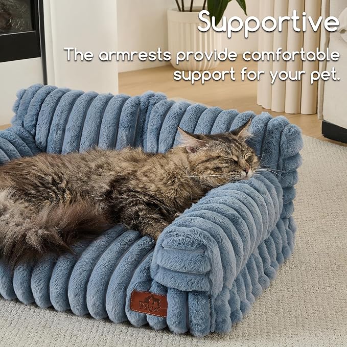 Hollypet Fluffy Dog Cat Bed Pet Couch Beds Plush Soft Warming Washable Puppy Bed for Small Medium Dogs and Large Cats, Haze Blue, 24" L x 18" W x 10" Th