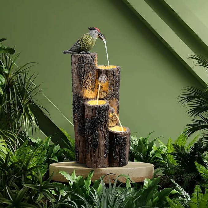 GOSSI Water Fountain Outdoor with Hummingbird, Cascading Waterfall Fountain, Rustic Log Design with LED Lights for Garden Decor