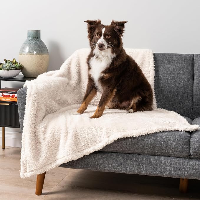PETAMI Fluffy Fleece CAT and Dog Throw Blanket, Beige, Large