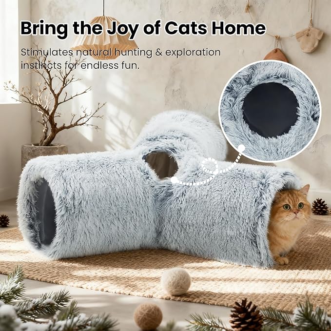 Tempcore Plush Cat Tunnel for Indoor Cats, 3 Way Collapsible Pet Play Tunnel with Teaser Wand, Peek Holes & Hanging Ball, Interactive Tube for Kittens & Rabbits, Light Grey