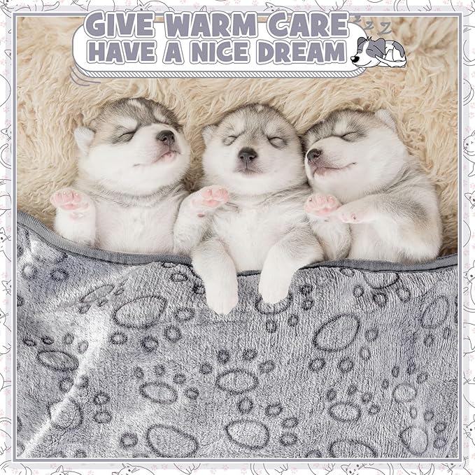 Tegeme 12 Pcs Pet Blankets 23 x 16 Inch Soft Fluffy Fleece Dog Cat Warm Paw Print Pattern Blankets Flannel Throw for Pets Dog Puppy Cat(Gray)