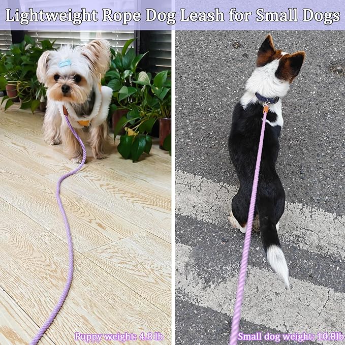 5FT Puppy Leash for Small Dogs - 1/5" Cotton Dog Leash Lightweight & Soft Braided Rope for Tiny Breeds/Cats Daily Walks Training, Purple